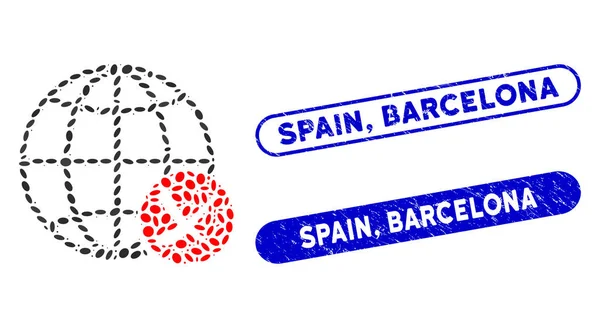 Dot Collage Stop Global Web with Textured Spain, Barcelona Seals — стоковый вектор