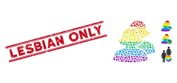 Distress Lesbian Only Line Seal and Mosaic Lesbian Women Icon — Stock Vector
