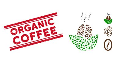 Scratched Organic Coffee Line Stamp with Collage Organic Coffee Icon
