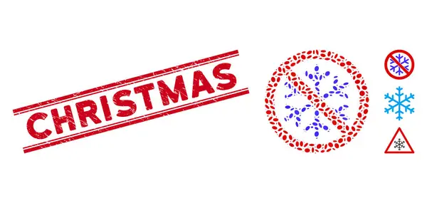 Scratched Christmas Line Seal and Mosaic No Snowflake Icon — Stock Vector
