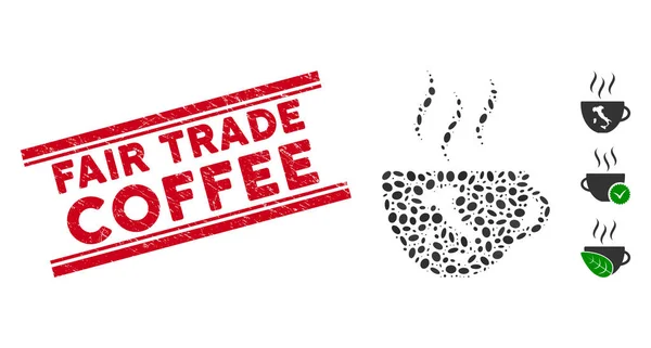 Sello de línea de café Grunge Fair Trade con Collage Icono de la taza de café italiana — Vector de stock