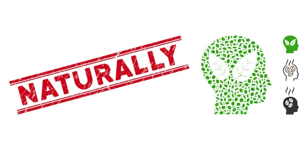 Grunge naturellement ligne sceau et collage Vegan Head Icône — Image vectorielle