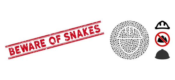 Textured Beware of Snakes Line Stamp with Mosaic Helmet Circle Icon — Stock Vector