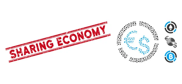 Distress dela ekonomi linje sigill och mosaik valuta diagram ikonen — Stock vektor