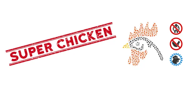Grunge Super Chicken Line Stamp mit Collage Cock Head Icon — Stockvektor