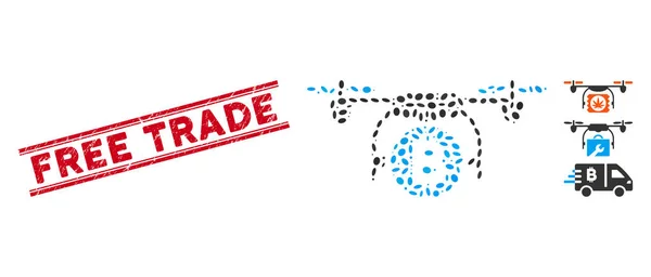 Scratched Free Trade Line Seal z kolażem Bitcoin Copter Ikona — Wektor stockowy