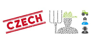 Textured Czech Line Stamp and Collage Farmer with Pitchfork Icon