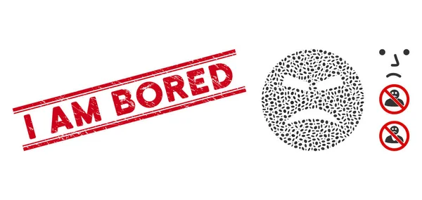 Textured I Am Bored Line Seal and Collage Furious Smiley Icon — Stockvektor