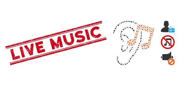 Grunge Live Music Line Seal avec mosaïque Écouter musique icône — Image vectorielle