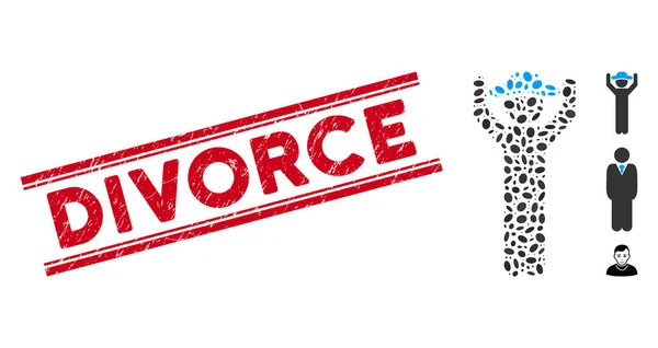 Scratched Divorce Line Seal with Collage Gentleman Hands Up Icon — Stok Vektör