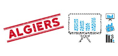 Grunge Algiers Line Seal with Collage Bar Chart Monitoring Icon