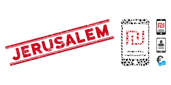 Sello de línea Grunge Jerusalem con mosaico Shekel Mobile Payment Icon — Archivo Imágenes Vectoriales