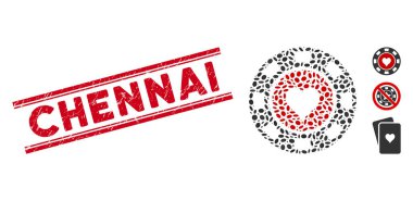 Grunge Chennai Line Stamp and Collage Hearts Casino Chip Icon