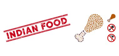Scratched Indian Food Line Stamp with Mosaic Chicken Leg Icon
