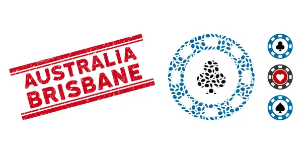 Distress Australia Brisbane Line Seal with Collage Clubs Casino Chip Icon — ストックベクタ