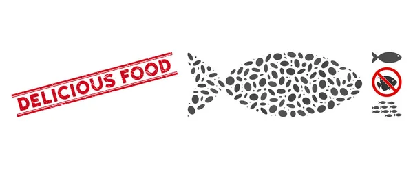Scratched Delicious Food Line Seal with Mosaic Fish Icon — Stockvektor
