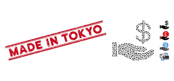 Texturizado Made in Tokyo Line Seal com ícone de mão de pagamento de dólar mosaico — Vetor de Stock