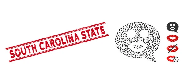 Dokulu Güney Carolina Eyalet Çizgisi Damgası ve Mozaik Öpücük Gülen Mesaj Simgesi — Stok Vektör