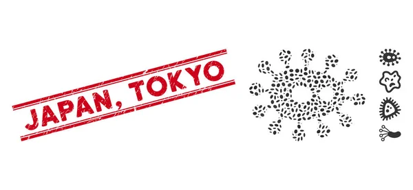 Distress Japan, Tokyo Line Sello y Collage Bacilla Icono — Vector de stock