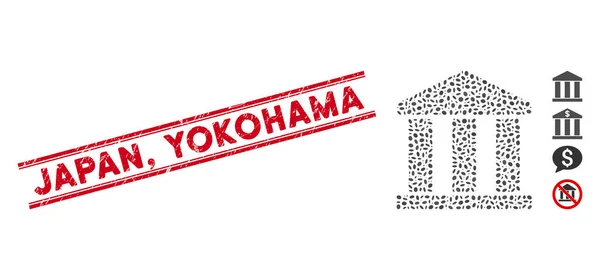 Grunge Japan, Yokohama Line Seal mit Mosaic Bank Building Icon — Stockvektor