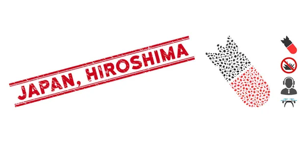 Grunge Japan, sello de línea de Hiroshima e ícono de bomba de aviación Collage — Vector de stock