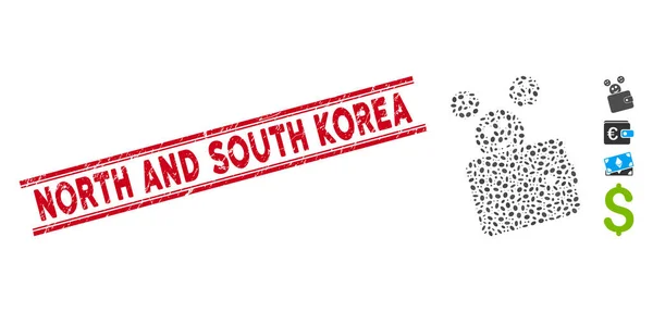Sceau de ligne texturé Corée du Nord et du Sud avec collage Happy Cash Wallet Icône — Image vectorielle