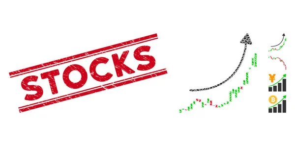 Grunge Stocks Linje Stämpel med Collage Candlestick Diagram Tillväxt Trend Ikon — Stock vektor