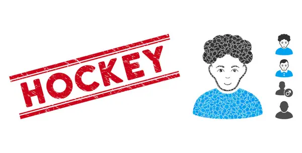 Sello de línea de hockey con Collage Brunet Man Icono — Archivo Imágenes Vectoriales