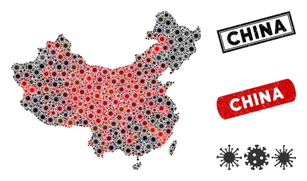 Coronavirus Mosaic China Map with Distress Stamp Seals — Stockvektor