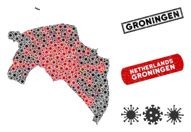 Coronavirus Mosaic Groningen Province Map with Grunge Stamp Seals