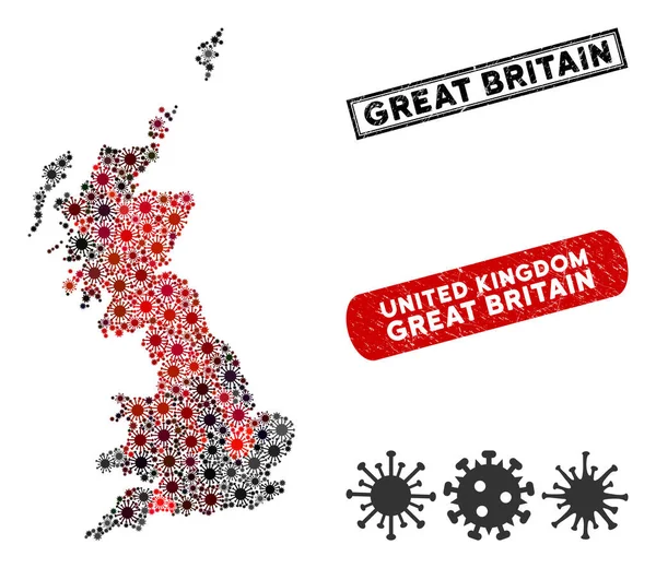Coronavirus Collage Gran Bretaña Mapa con los sellos de angustia — Vector de stock
