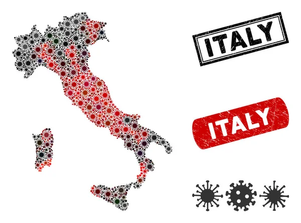 Coronavirus Mosaic Italy Map with Scratched Seals — Stock Vector