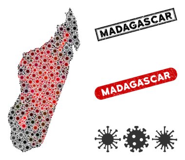 Coronavirus Mosaic Madagascar Island Map with Grunge Stamps