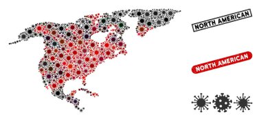 Coronavirus Mosaic North America Map with Scratched Stamp Seals
