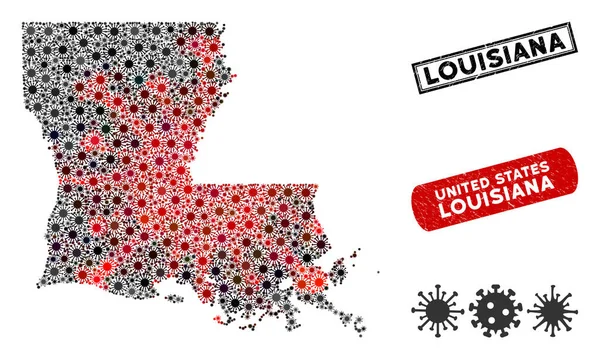 Coronavirus Collage Louisiana State Map with Grunge Watermarks — Vetor de Stock