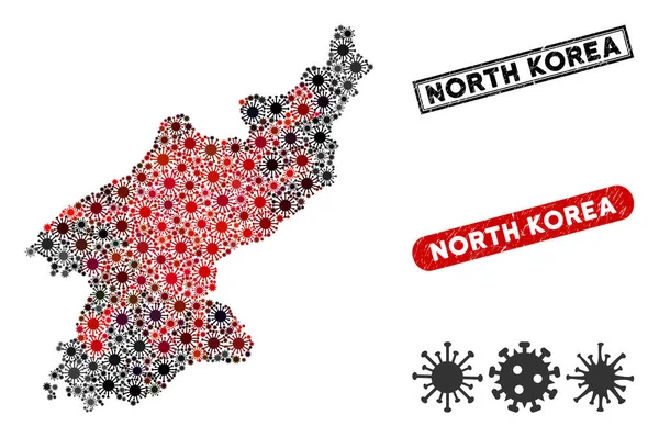 Coronavirus Collage Corea del Norte Mapa con los sellos de angustia — Vector de stock