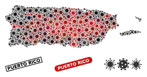 Mappa Coronavirus Mosaic Puerto Rico con sigilli di francobolli di soccorso — Vettoriale Stock