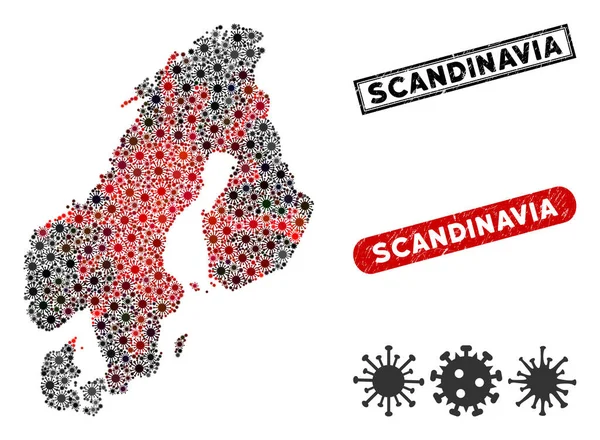 Coronavirus Mosaic Scandinavia Kaart met grunge zeehonden — Stockvector