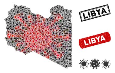 Grunge Pullu Coronavirus Mozaik Libya Haritası