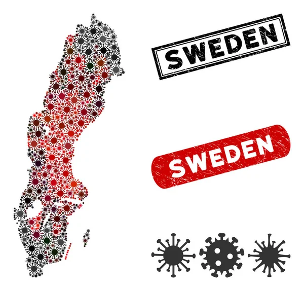 Карта Коронавирусной мозаики Швеции с печатями бедствий — стоковый вектор