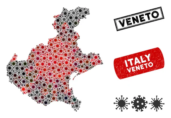 Coronavirus Collage Veneto Region Map com Selos Arranhados — Vetor de Stock