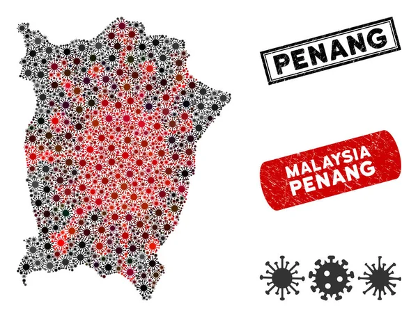 Coronavirus Collage Penang Island Mapa com Selos Texturizados —  Vetores de Stock