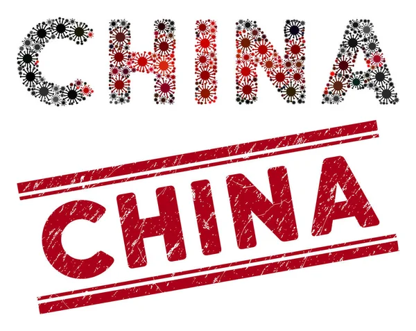 Porysowane Chiny Red Seal i Coronavirus Mozaiki Tekst — Wektor stockowy