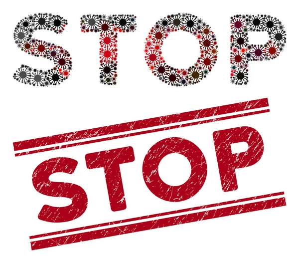 Scratched Stop Sello rojo y el texto del mosaico Coronavirus — Vector de stock