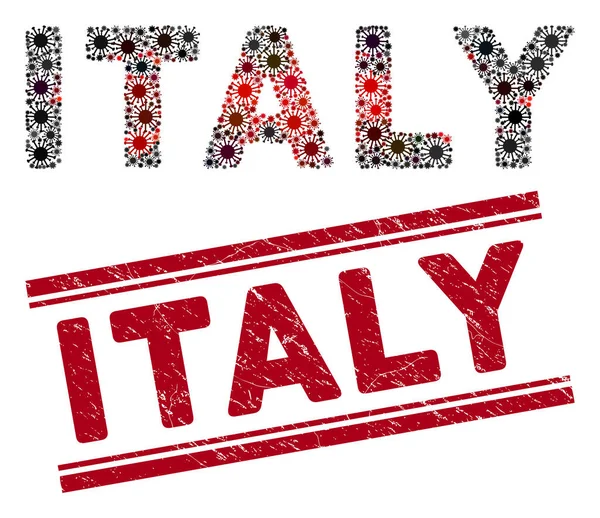 İtalya 'yı Tehlike Kırmızı Damga ve Coronavirus Mozaik Metni — Stok Vektör