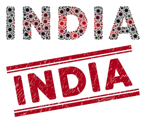 Distress India Marca de agua roja y Coronavirus Texto del mosaico — Vector de stock
