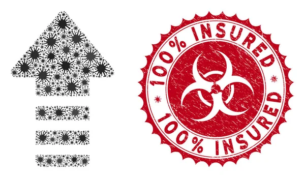 Icono de puntero de flecha de mosaico de coronavirus con sello 100% asegurado rayado — Vector de stock