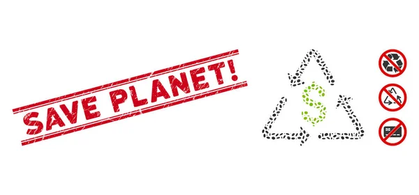 Texturizado Guardar Planeta Línea de Exclamación Sello y Collage Icono de reciclaje financiero — Vector de stock