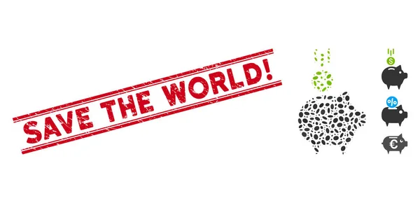 Scratched Save the World Exclamación Línea Sello y Collage Depósito Piggy Bank Icono — Vector de stock