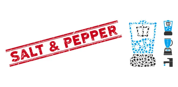 Σφραγίδα γραμμής αλατιού και πιπεριού scratched με το εικονίδιο Blender κουζίνας κολάζ — Διανυσματικό Αρχείο